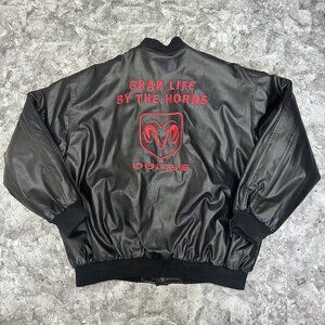 Y2K Dodge Ram Bomber Jacket XXL Grab Life By The Horns Graphic Snap Faux Leather